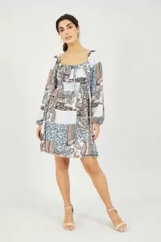 Image of Multi Colour Paisley Printed Bardot Skater Dress