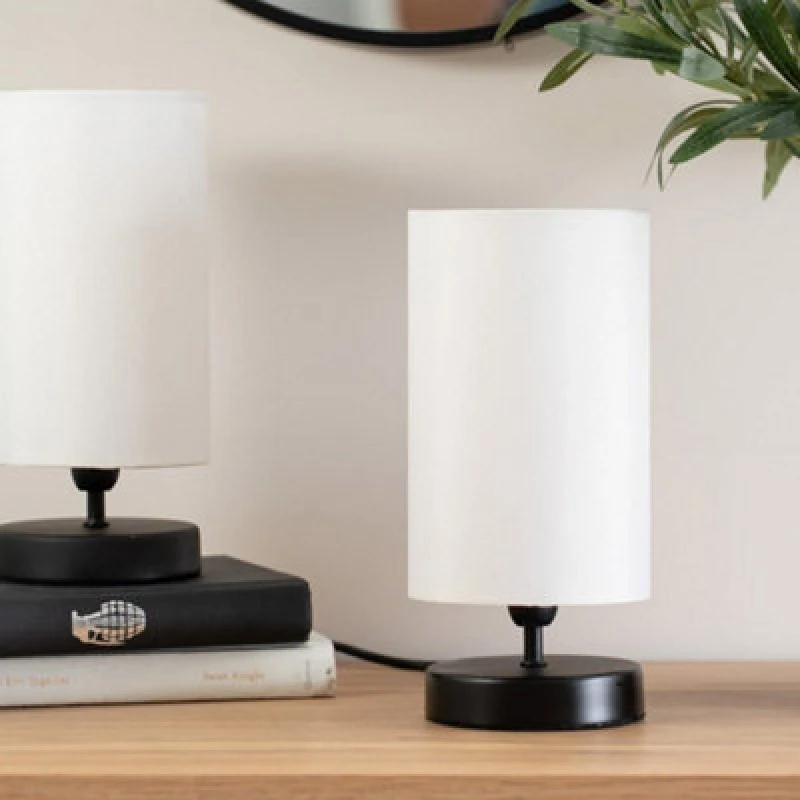 Image of ValueLights Francis Matt Black Touch Table Lamps with Fabric Shades and LED Bulbs White