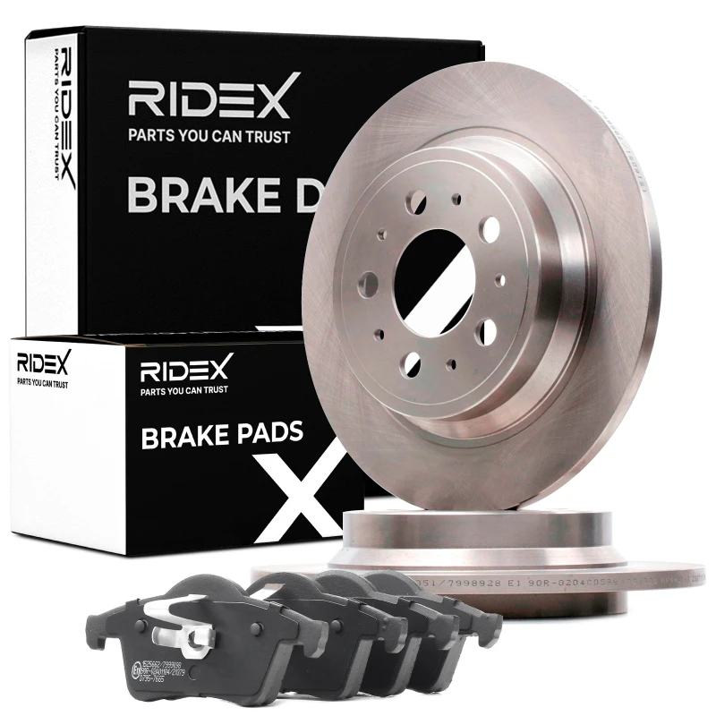 Image of RIDEX 3405B0486 Brake disc and pads set Rear Axle, Brake Disc Type: Solid, excl. wear warning contact Brake Set,disc brakes (3405)