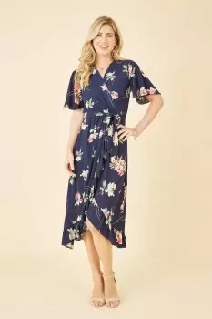 Navy Floral Dip Hem Wrap Midi Dress