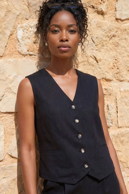 Image of Roman Womens Linen Blend Button Through Waistcoat in Black Size: 16 Black Female 16