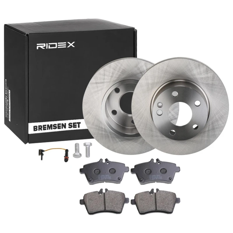 Image of RIDEX 3405B1637 Brake disc and pads set Front Axle, Brake Disc Type: Solid, incl. wear warning contact Brake Set,disc brakes (3405)