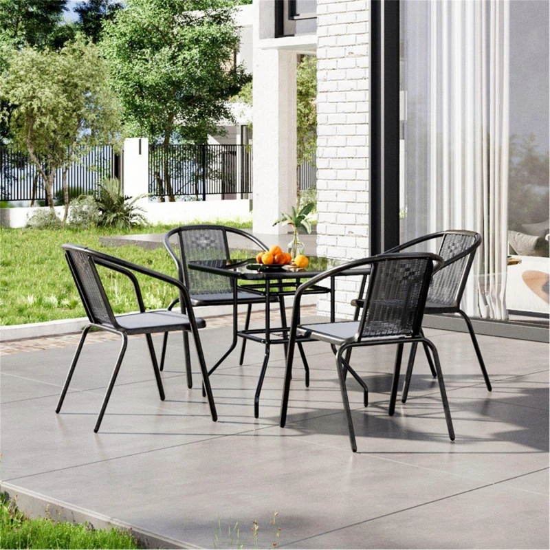 Image of Breeins Square Tempered Glass Table with 4 Rattan Chairs - Black L