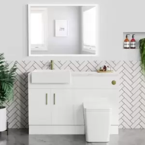 Image of 1200mm White Toilet and Sink Unit with Marble Effect Worktop and Brushed Brass Fittings - Coniston
