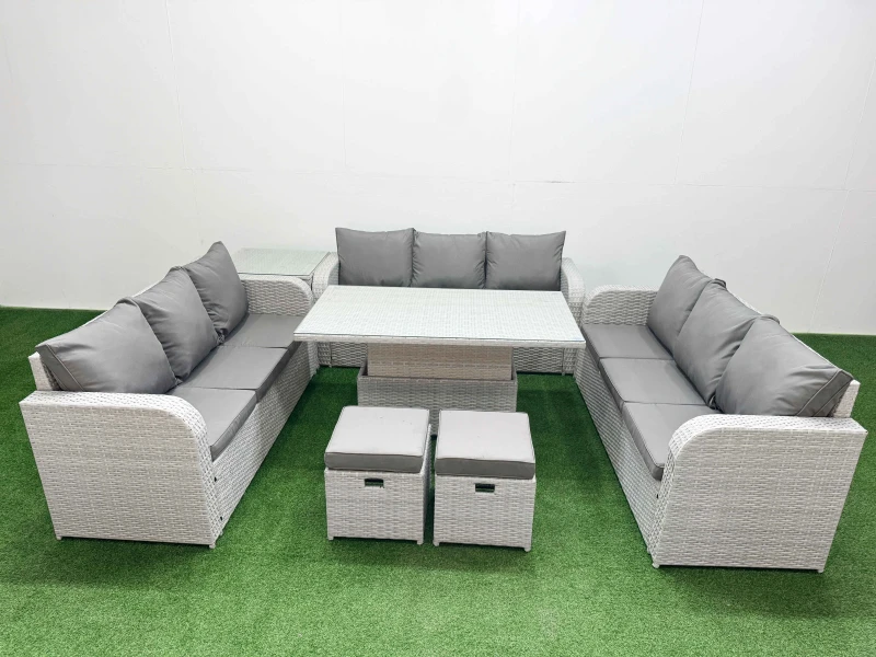 Image of Fimous PE Rattan Lounge Sofa Set 11 Seater Outdoor Garden Furniture Set with Adjustable Lifting Dining or Coffee Table 3 Seater Sofa 2 Stools Side Tab