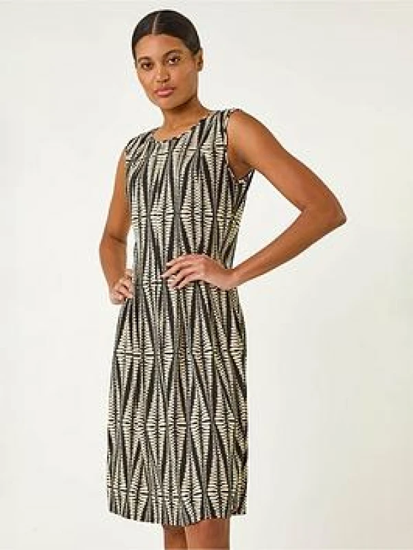 Image of Roman Womens Abstract Print Panel Detail Dress in Black Size: 14 Black Female 14