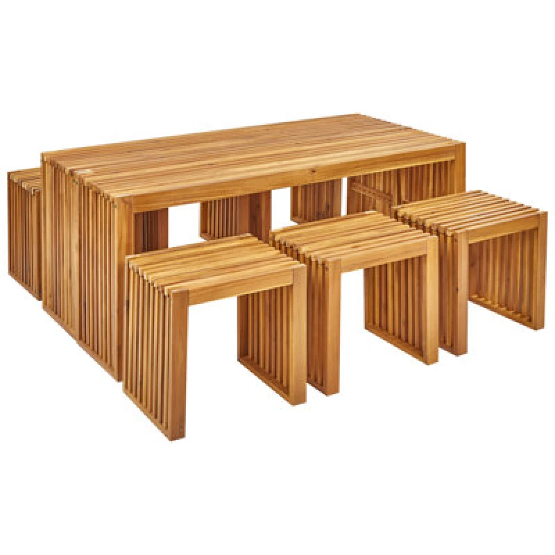 Image of Beliani Garden Dining Set With Benches And Stools 6 Seater Bellano Acacia Wood Brown