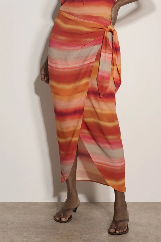 Image of Apricot Womens Watercolour Stripe Wrap Midi Skirt in Orange Size: 8 Orange Female 8