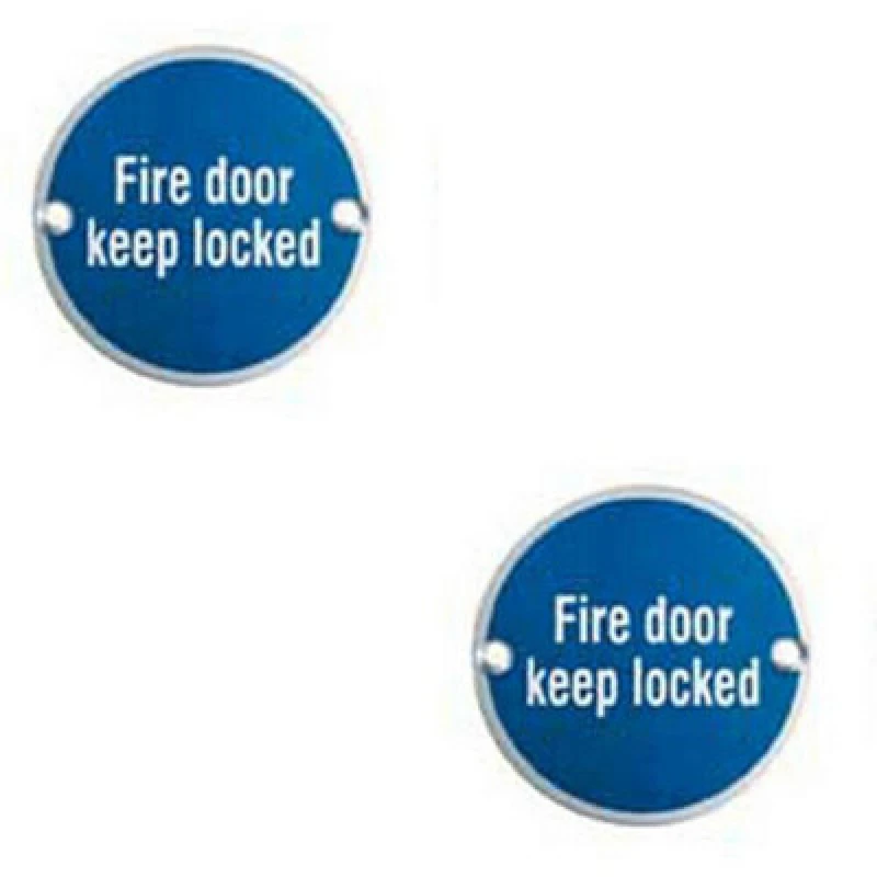 Image of Loops 2x Fire Door Keep Locked Sign 64mm Fixing Centres 76mm Dia Polished Steel Metallics unisex