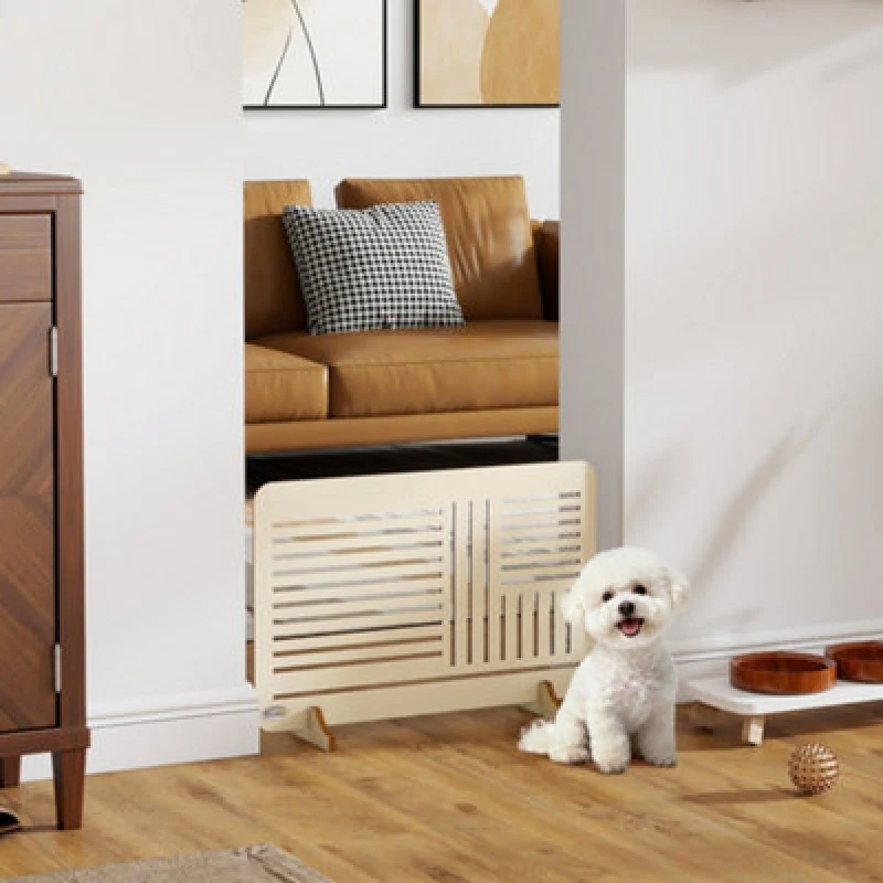 Image of Pawhut Freestanding Pet Gate For Small Dogs, 75 X 51 Cm, Natural