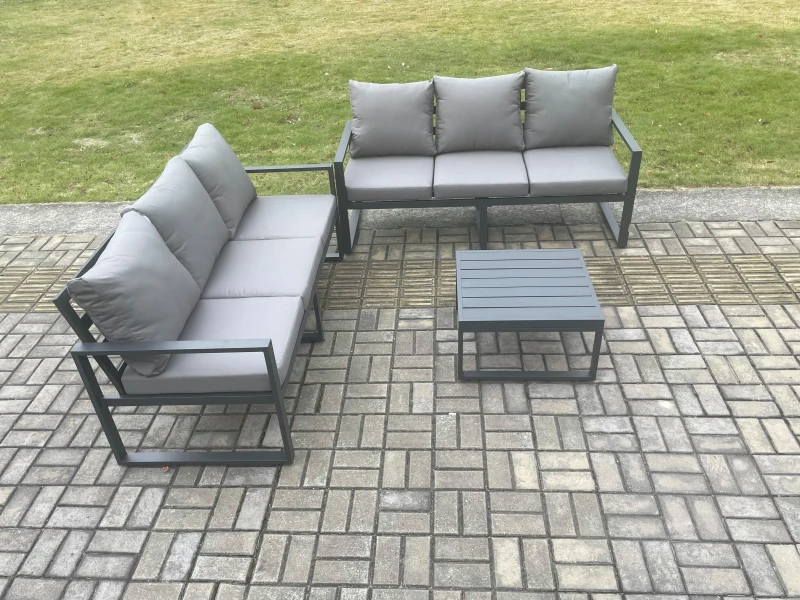 Image of Fimous Aluminium 3 Pieces Garden Furniture Sofa Set with Cushions 6 Seater Outdoor Patio Set with Square Coffee Table Dark Grey Dark Grey Unisex