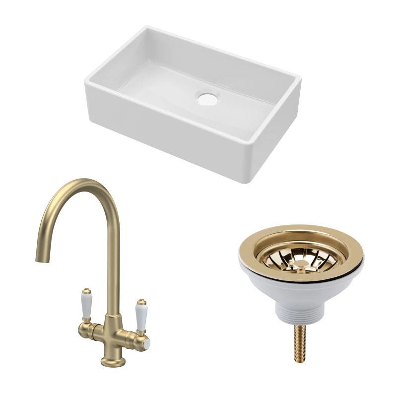 Image of Balterley Fireclay 1 Bowl Butler Sink Waste Handle Tap Brushed Brass 795mm Bronze
