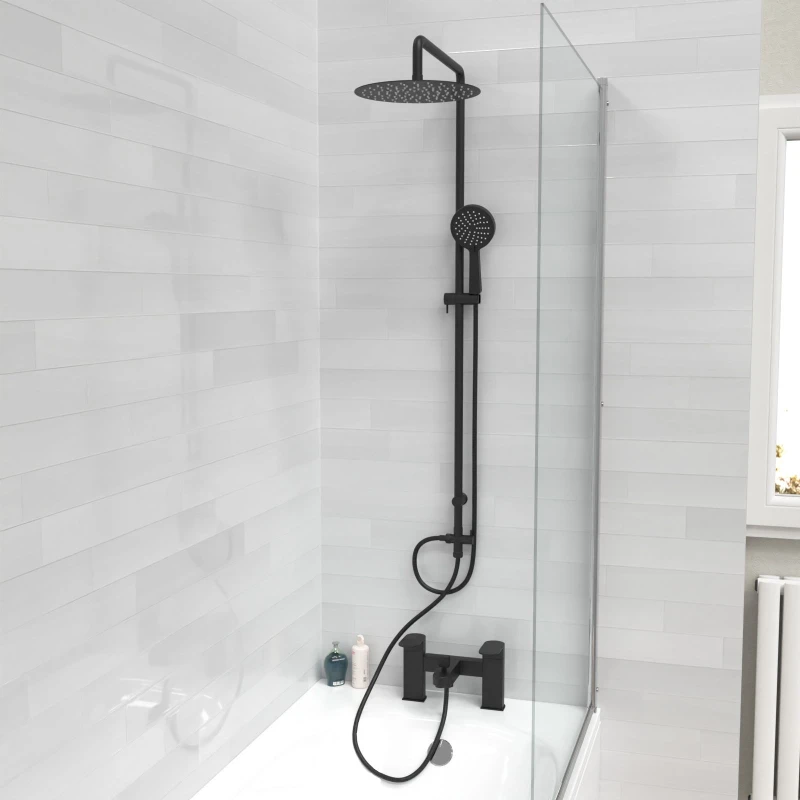 Image of Nes Home Matte Black Round Riser Rail Shower Kit With Bath Filler Tap & Handset Black Unisex