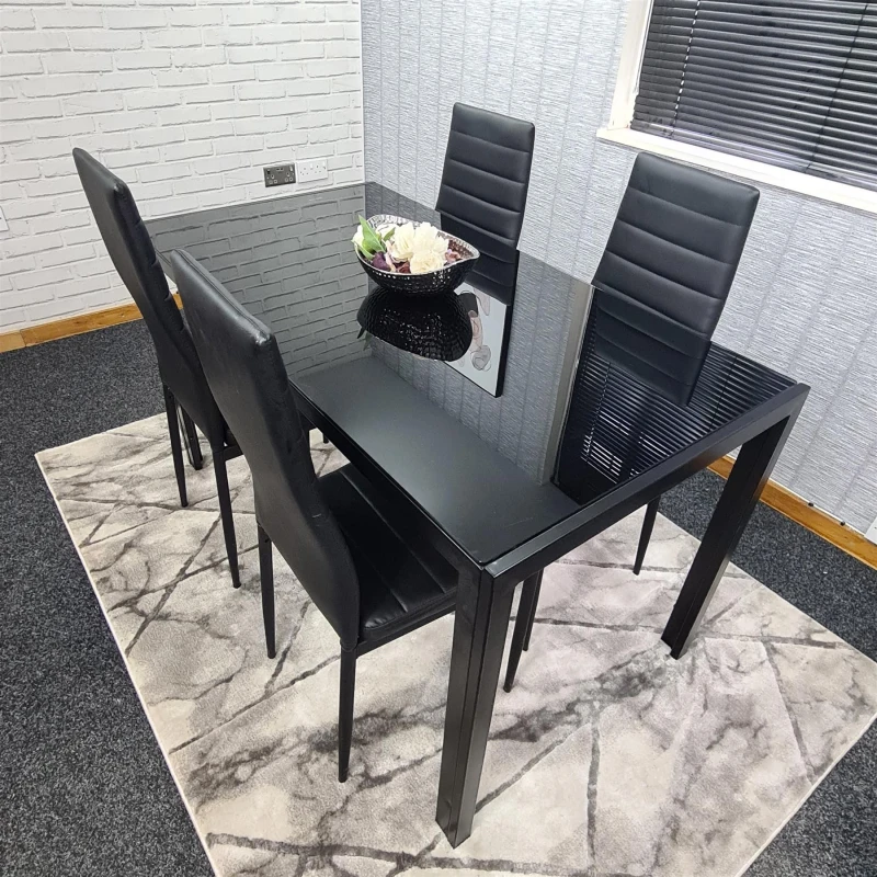 Image of KOSY KOALA Dining Table and 4 Chairs Black Glass 4 Leather Chairs Dining Room Furniture All Black 120 + 4 Black metal chairs