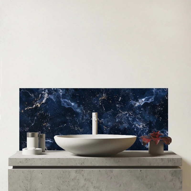 Image of Warren Reed - Designer Navy Blue Quartz Effect Glass Bathroom Splashback Blue Unisex