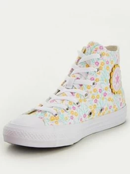 Image of Converse Chuck Taylor All Star Hi Floral Childrens Trainers - White/Gold