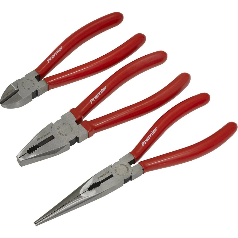 Image of Loops 3 Piece Pliers Set - Combination / Long Nose / Side Cutters - Serrated Jaws Multi