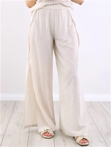 image of Pieces Raw Cotton Agnes Hw High Slit Pant Stone Female S 213930UK