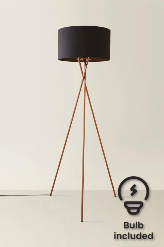 Image of ValueLights ValueLights Camden Copper Metal Tripod Floor Lamp with Drum Lamp Shade and Bulb in Black One Size Unisex 5055759993184