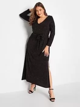 Image of Yours Glitter Party Keyhole Plunge Maxi Dress - Black, Size 16, Women