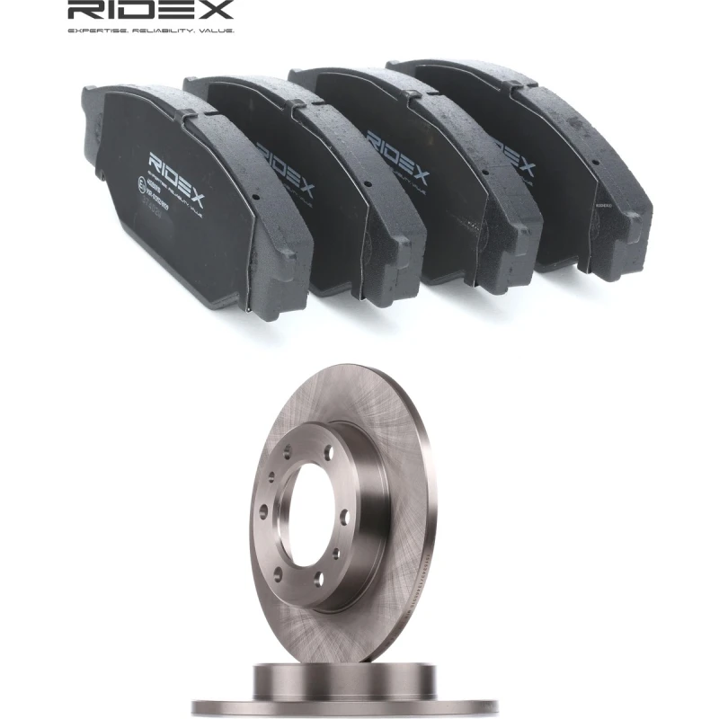 Image of RIDEX 3405B2831 Brake disc and pads set Front Axle, Brake Disc Type: Solid, not prepared for wear warning indicator Brake Set,disc brakes (3405)