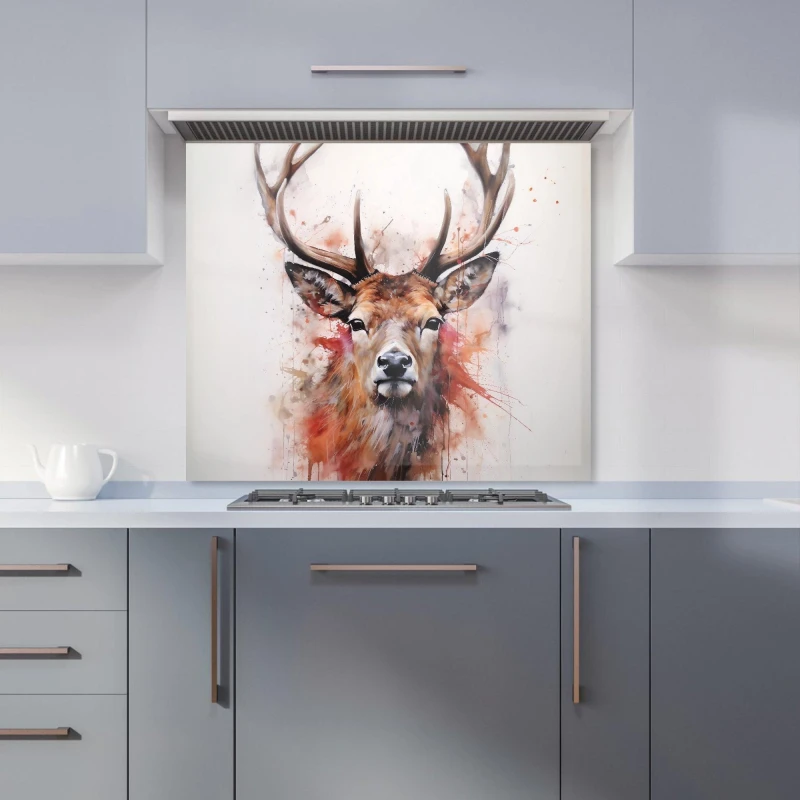 Image of Warren Reed - Designer Watercolour Splashart Stag Face Kitchen Splashback in Brown Size: 600mm x 750mm Brown Unisex 600mm x 750mm