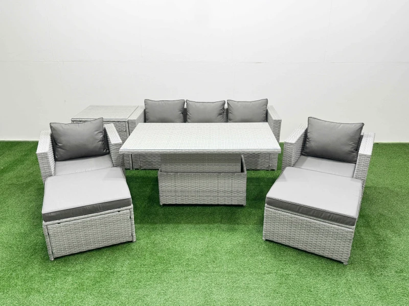 Image of Fimous 7 PCs Rising Dining Table Set Rattan Furniture Set with Side Table in Light Grey Light Grey Unisex