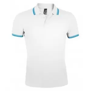 Image of SOLS Mens Pasadena Tipped Short Sleeve Pique Polo Shirt (S) (White/Aqua Blue)