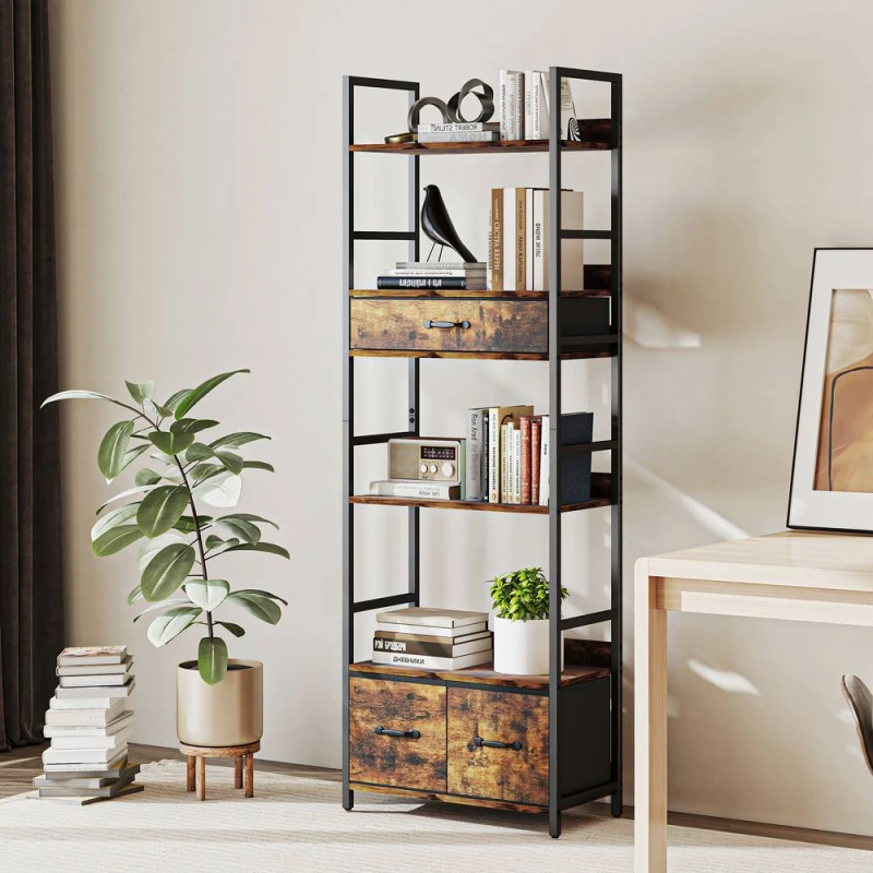 Image of HOMCOM HOMCOM Industrial Bookshelf with 4 Shelves and 3 Fabric Drawers Rustic Brown Brown One Size Unisex 5063603719361