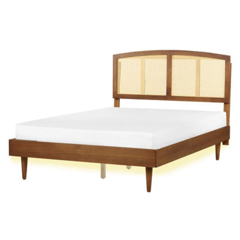Image of Beliani Bed With LED Rattan Varzy 140 X 200 Cm (Eu Double) Brown