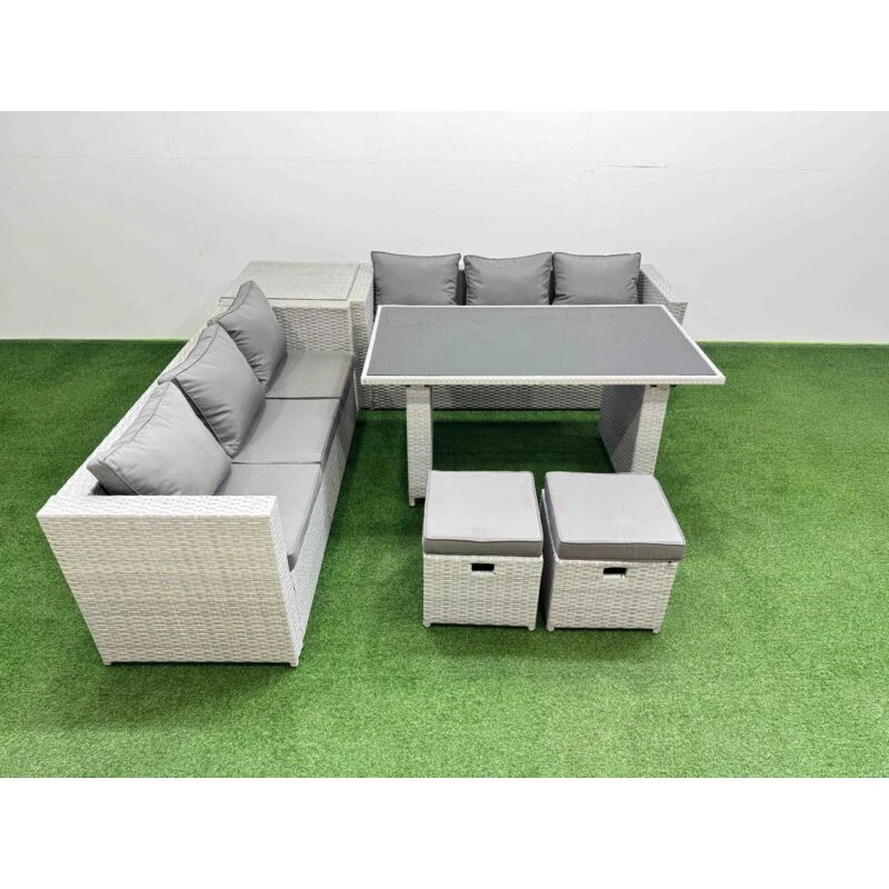 Image of Fimous 8-seater Patio Rectangular Table Sofa Set with Side Table 2 Stools in Light Grey Light Grey Unisex