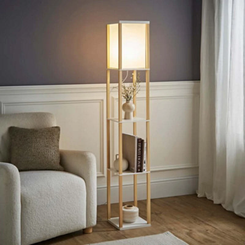 Image of ValueLights ValueLights Struttura Wooden Shelving Floor Lamp with Fabric Shade and LED Bulb in Light Oak Light Oak One Size Unisex 5059406033919