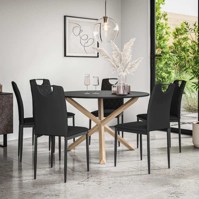 Image of More4Homes Malvern Round Dining Table And Chairs - Black Table Top W Solid Oak Legs + Monza Faux Leather Dining Chair Set Of 6 (Black)