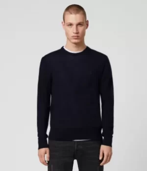 image of AllSaints Mens Lightweight Merino Wool Mode Crew Jumper, Blue, Size: M