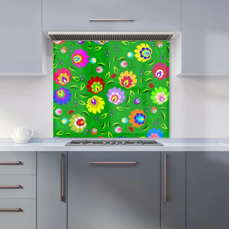 Image of Warren Reed - Designer Polish Folk Floral Kitchen Splashback in Green Size: 600mm x 750mm Green Unisex 600mm x 750mm