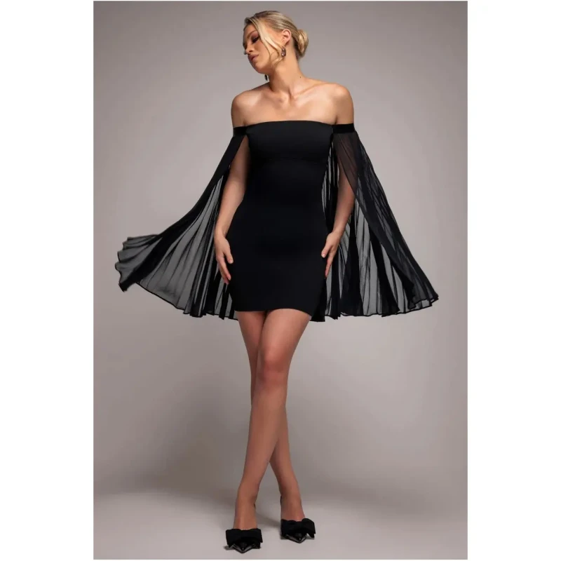 Image of Goddiva Womens Strapless Mini Dress With Pleated Chiffon Cape in Black Size: 14 Black Female 14
