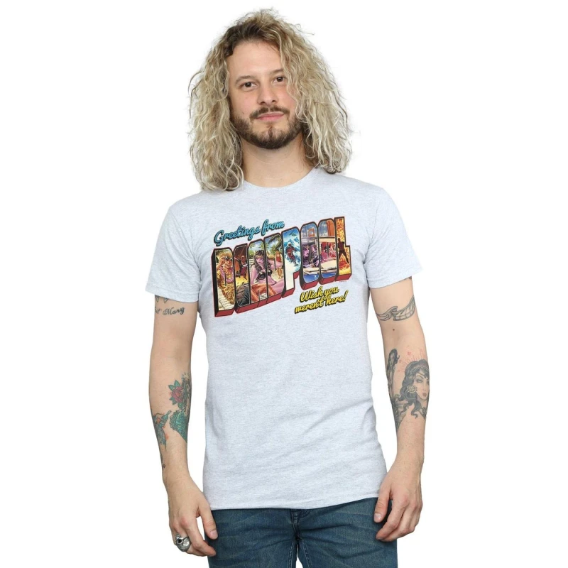 Image of Marvel Marvel Men Deadpool Greetings T-Shirt in Grey Size: Small Grey S Male 5057981164073