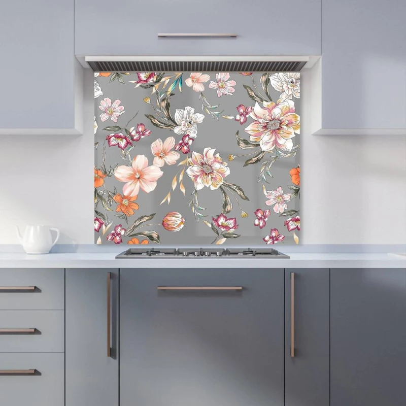 Image of Warren Reed - Designer Peony, Lily, Tulip, Daisy Kitchen Splashback in Grey Size: 900mm x 650mm Grey Unisex 900mm x 650mm