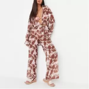 image of Missguided Palm Print Sheer Mesh Beach Cover Up Trousers - Brown