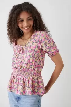 Image of Pink Ditsy Tie Front Shirred Blouse