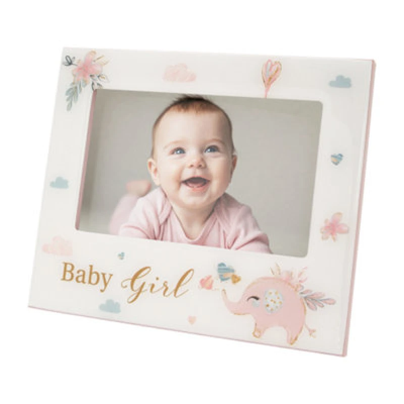 Image of Happy Homewares Baby Girl Baby Picture Frame With Soft Pastel Pink Elephant And Hearts