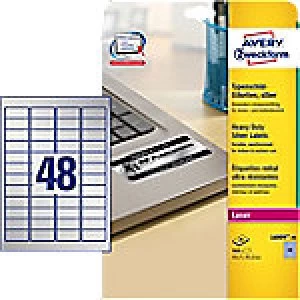 Image of Avery L6009-20 Heavy Duty Labels A4 Silver 45.7 x 21.1mm 20 Sheets of 48 Labels