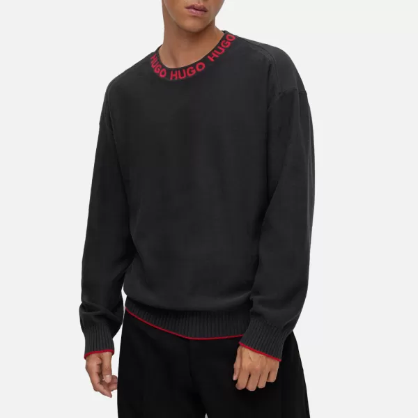 Image of HUGO Smarlo Knitted Neck Cotton Logo Jumper - XXL Black Knitwear male 50474813-001 XXL