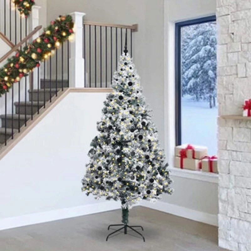Image of vidaXL Artificial Christmas Tree with 300 LEDs, Black Balls with Stand Snow Flocked Green 240 x 150 cm, Green 3396981