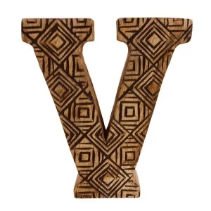 image of Letter V Hand Carved Wooden Geometric