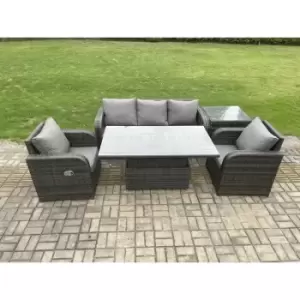 Image of Fimous 5 Seater Outdoor Dark Grey PE Rattan Dining Sofa Complete Set with Adjustable Table and Side Table
