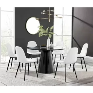 Image of Furniture Box Palma Black Semi Gloss Round Dining Table and 6 White Corona Black Leg Chairs