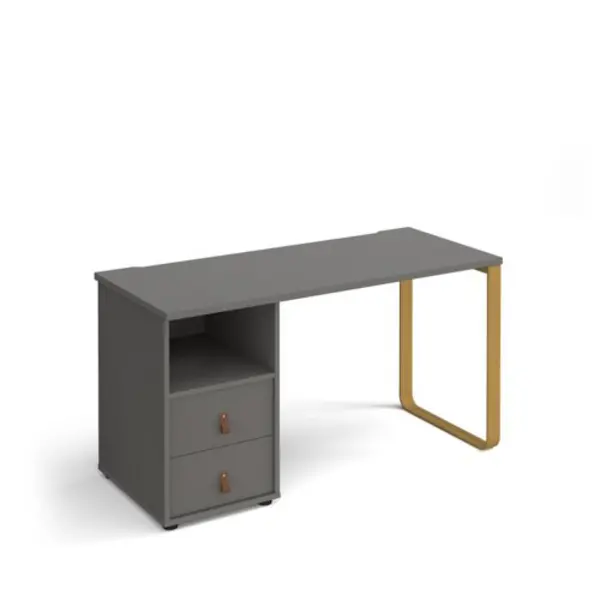 image of Cairo straight desk 1400mm x 600mm with sleigh frame leg and support pedestal with drawers - brass frame, grey finish with grey drawers