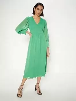 image of Oasis Puff Sleeve Pleated Midi Dress - Green, Size 10, Women