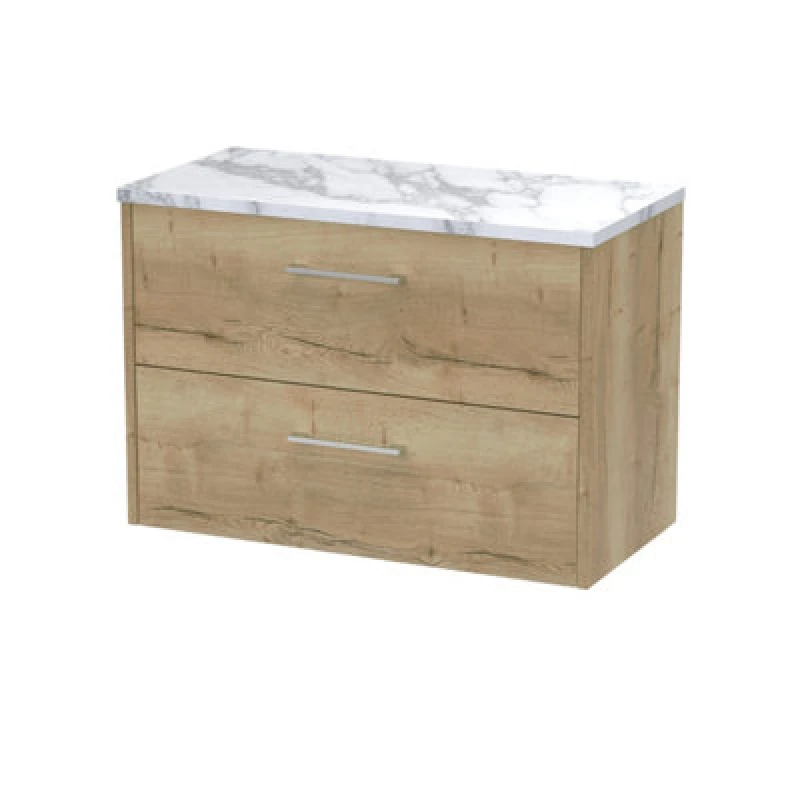 Image of Nuie Hudson Reed Juno Wall Hung 2-Drawer Vanity Unit & Carrera Marble Worktop, Stylish Countertop Basin Unit In Autumn Oak, 800mm